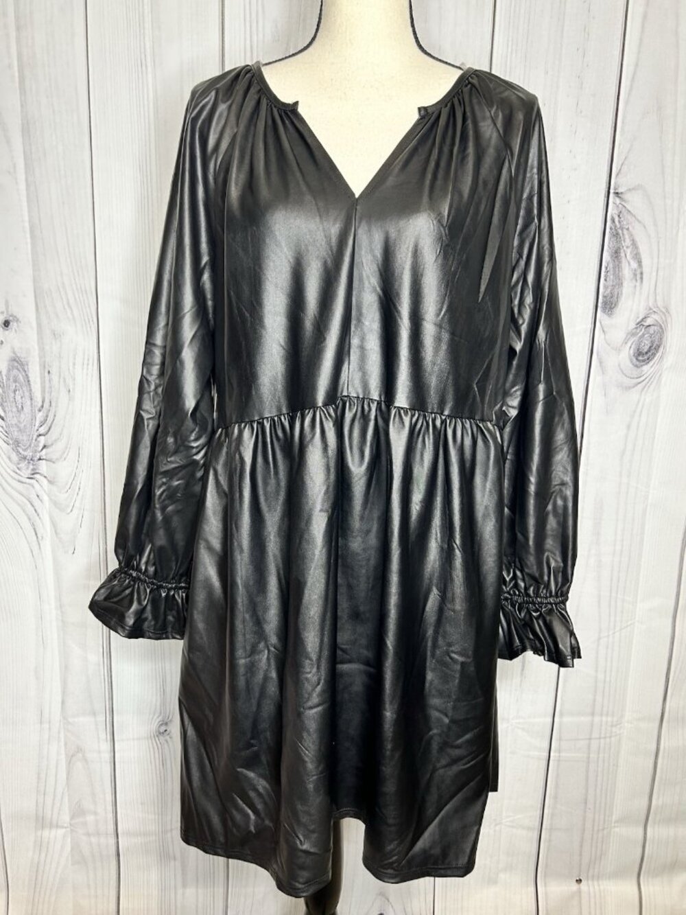 NWT First Love by Lovelyn Black Faux Leather Long Sleeve Mini Dress Womens Sz M